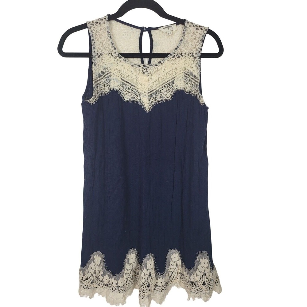 Umgee Festival Tunic Tank S Womens Blue White Crew Neck Keyhole Sleeveless Flowy